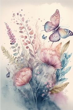 watercolor painting of pink flowers and butterflies