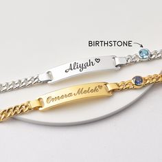 "Our sterling silver baby bracelet is the perfect gift for the little star in your life. These kids bracelets can be personalized with the child's name and date to create a bespoke gift. Make it more unique by adding your kid's birthstone. ► BABY NAME BRACELET WITH BIRTHSTONE * The plate charm measures approx. 1 1/4\" (32mm) in length and 1/4\" (6.5mm) in width * Word limits: up to 8 characters for best visibility. * Age group bracelet size recommendation: DISCLAIMER: Every baby is different. The age guide is only based on the average size of a baby that age. Please always measure to make sure that the bracelet fit. When in doubt, always buy one size up. Newborn to 6 months - XXS: bracelet's circumference (includes opening) is 4\" +  1\" extender 6 to 12 months - XS: bracelet's circumferen Christmas Presents For Babies, Baby Bracelet Gold, Silver Baby Bracelet, Baby Jewelry Gold, Valentine Gifts For Girls, Toddler Bracelet, Kids Bracelets, Baby Bracelet