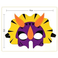 a purple and yellow mask with horns on the side, showing measurements for each face