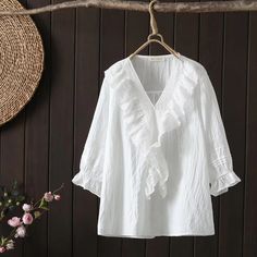 Women's V-Neck Embroidery Mid-Sleeve Solid Pullover Shirt Elegant Blouse Casual Embroidered V-neck Top For Fall, White Long Sleeve V-neck Top For Summer, V-neck Shirt With Floral Embroidery For Spring, Fall Cotton V-neck Embroidered Top, Fall Floral Embroidered V-neck Top, Spring Cotton V-neck Blouse, Cotton V-neck Blouse With Floral Embroidery, White Long Sleeve V-neck Top For Spring, Cotton V-neck Blouse For Spring