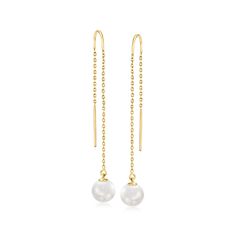 Ross-Simons - 7-8mm Cultured Akoya Pearl Threader Earrings in 14kt Yellow Gold. These chic threader earrings beautifully bridge the gap between classic and contemporary with enduring elements of both styles. Featuring 7-8mm cultured Akoya pearls that dangle from dainty 14kt yellow gold cable chains. When threaded evenly through the lobe, the hanging length is 2 1/8", but can be adjusted to your preference. White pearl threader earrings. Pearl birthstones are the perfect gift for June birthdays. Pearl Threader Earrings, Pearl Birthstone, June Birthday, Earrings Pearl, Akoya Pearls, Threader Earrings, Pearl Drop, The Gap, White Pearl