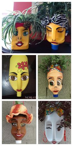 four different types of masks with plants growing out of the top one and bottom one