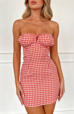 Faith Red Gingham Strapless Mini Dress Gameday Outfits, Prom Midi Dress, College Fits, Summer Playsuit, Brunch Date, Picnic Date, Event Dress, Clothing Pieces, Semi Formal Dresses