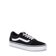 Skate in style wearing these women's Vans Ward black/white and white skate shoes. Crafted from a breathable canvas, these lace-up shoes have a round toe design, a sporty stripe detail, a soft padded collar, smooth lining, a plush cushioned insole and a slip-resistant, nonmarking, vulcanized rubber outsole. | Vans Women's Ward Sneaker in Black/White Size 5 Medium Women's Vans, Womens Vans, Toe Designs, Vans Old Skool Sneaker, Skate Shoes, Vans Shoes, Lace Up Shoes, Vans Sneaker, Shoes Boots