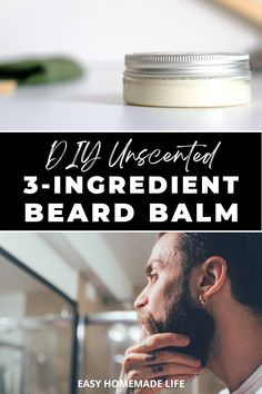 Unscented beard balm is an easy DIY recipe you can make for taming and moisturizing unruly beards. It’s quick and easy with only 3 ingredients: beeswax, coconut oil, and shea butter. Beard Balm Diy Recipes With Coconut Oil, Beeswax Beard Balm Recipe, Coconut Oil Beard Oil Recipe