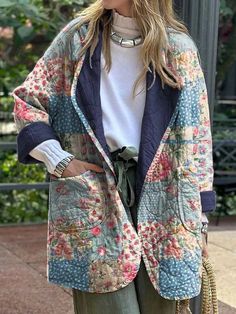 Women's Art Print Casual Quilted Cardigan Quilted Coat Pattern, Quilt Jackets, Denim Short Jumpsuit, Quilted Clothes, Upcycled Clothes, Two Piece Jumpsuit, Long Sleeve Short Dress, Quilted Coat, Maxi Dress Green