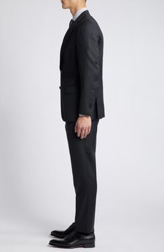 A subtle glen plaid woven in black and dusky greys distinguishes a versatile, all-occasion wool suit that's styled with traditional detailing from the notched lapels to the flat-front trousers. Jacket has notched lapels; four-button cuffs; chest pocket; flap pockets; interior pocket; side vents Trousers have zip fly with button-tab closure; flat front; slant pockets; back button-welt pockets Jacket is lined Trousers are unhemmed 100% wool Dry clean Made in Italy Tailored Black Wool Three-piece Suit, Black Wool Double Breasted Suit For Office, Black-tie Suits With Welt Pockets, Three-piece Suit With Concealed Placket For Business Casual, Black Wool Tuxedo Double Breasted Suit, Black Wool Double Breasted Tuxedo Suit, Timeless Black Tuxedo With Hidden Buttons, Tailored Wool Blazer For Black-tie Events, Tailored Black Suits With Flat Front