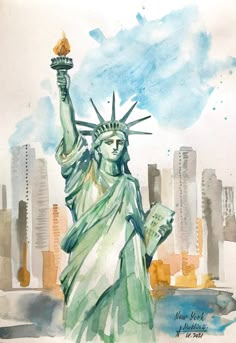 a watercolor painting of the statue of liberty in new york city, with skyscrapers behind it