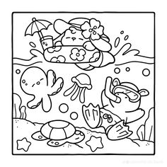 an ocean scene coloring page with animals and fish in the water, under the sea