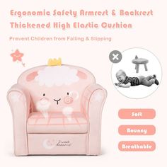 the baby chair is pink and has a cartoon sheep on it's backrest