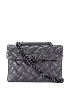 silver-tone leather metallic finish quilted interwoven design foldover top with magnetic fastening chain-link shoulder strap signature eagle head charm crystal embellishment appliqué logo London Kensington, Kensington London, Chanel 2, Eagle Head, Iconic Bags, Loafer Mules, Demi Fine Jewelry, Fine Watches, Kurt Geiger