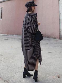 Loose Striped Lapel Split-joint Blouse Dress Fall Striped Collared Shirt Dress, Oversized Knee-length Shirt Dress For Fall, Striped Shirt Dress For Workwear In Fall, Striped Shirt Dress For Fall Workwear, Fall Striped Shirt Dress For Workwear, Pink Midi Dress, Vacation Dresses, Daily Dress, Color Stripes