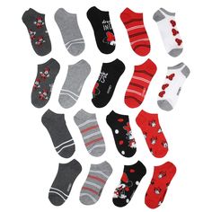 These Minnie Mouse women's 9-pack of no-show ankle socks. Each sock will be designed to showcase illustrations of Minnie Mouse in her polka dot dress and red hair bow. Not just adorable but versatile, these socks feature a variety of color schemes that allow for easy mixing and matching. Crafted from a blend of 97% polyester and 3% spandex, these ankle socks offer a soft, stretchy fit that hugs your feet comfortably throughout the day. Ideal for women's shoe sizes 4-10, they blend durability and Red Hair Bow, Sock Packs, Polyester Spandex Fabric, Women's Socks, Athletic Socks, No Show Socks, Socks And Hosiery, Ankle Socks, Mix N Match