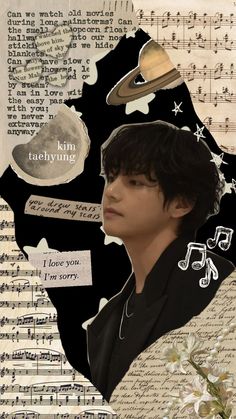 a collage with music notes and an image of a boy