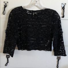 This Chic Crop Top Is To Die For! I Bought It While I Was Pregnant, Thinking I Would Be Able To Wear It After. But That Is Not The Case. It Features Pretty Metallic Detail, It Makes The Top Look More Elegant. It Fits True To Size Has A Side Zipper That Goes Up. Has A Button Closure On Back 14 Inches Long 34 In Bust I’m Selling A Matching Skirt Please Check Out My Closet Zara Lace Tops For Night Out, Lace Crop Tops, Zara Black, Sheer Lace, Zara Tops, Side Zipper, Crop Top, Zara, Womens Tops