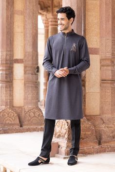 Grey kurta embellished with brooch and beads hand embroidery. - Aza Fashions Traditional Designer Sherwani Hand Embellished, Traditional Hand Embellished Designer Sherwani, Traditional Long Sleeve Hand Embellished Kurta, Traditional Long Sleeve Hand Embellished Wear, Traditional Long Sleeve Hand Embellished Traditional Wear, Hand Embellished Long Sleeve Traditional Wear, Designer Embellished Kurta For Eid, Traditional Embellished Kurta For Ceremonial Occasions, Traditional Hand Embellished Kurta For Formal Occasions