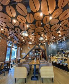 the interior of a restaurant with wooden ceilinging and lights hanging from the rafters