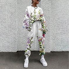 Basic Streetwear, Grass Pattern, Wavy Style, Tracksuit Pants, Basic Long Sleeve, Harajuku Fashion, Above Knee, Green And Purple, Print Tops