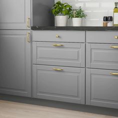 the kitchen cabinets are painted gray with gold handles and knobs, along with some plants