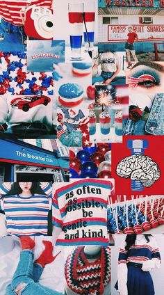 a collage of photos with red, white and blue items on them including an american flag shirt