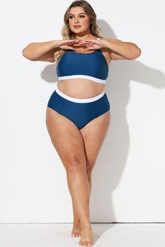 Blue & White Colorblock High Waist Bikini Bottom Blue Sporty Tankini For Swimming, Sporty Blue Tankini For Swimming, Blue Sporty Tankini For Beach Season, Sporty Blue Tankini For Beach Season, Sporty Color Block Swimwear For Sunbathing, Sporty Blue Tankini For Vacation, Blue Color Block Tankini For Poolside, Blue Color Block Tankini Beachwear, Blue Color Block Tankini