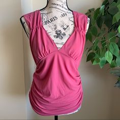 A Versatile Sleeveless Top With Ruched Sides In Rose Color (Deep Pink) By Dkny In Size Medium. Pair With Jeans Or Shorts/Skirt And Heels For A Fun Look! Details: Deep V Neck Wide Straps Ruched Siding Nwt, No Flaws Hand Wash Measurements: Armhole Length: 8.5” Chest (Pit To Pit): 18” Waist: 12.75” Hem: 15.75” Length: 24” Style #: P346168ya 100% Polyester Smoke Free, Pet Free Home A108 Sleeveless Stretch Tops With Ruched Back, Spring Sleeveless Tank Top With Ruched Sides, Sleeveless Tops With Ruched Sides, Sleeveless Summer Tops With Ruched Back, Sleeveless Top With Ruched Back, Work Tank Tops, Jeans Tank Top, Ombre Lace Front, Short Tank Top