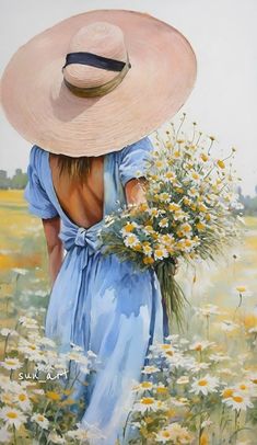 a painting of a woman in a blue dress and straw hat with daisies on the field