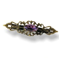 "Ms. Hepurn Amethyst Purple Hair Barrette-Filigree-Bronze-Vintage Style Hair Clip Vintage Style. Antiqued bronze barrette with highly defined filigree scroll work, embellished with a Amethyst Purple vintage navette. A fabulous touch to any do. measures 2 1/4\"x 1/2\"" Plum And Gold Hair Jewelry, Dark Purple Accessories, Vintage Hair Pieces, Purple Accessories, Victorian Hairstyles, Vintage Hair Clips, Purple Vintage, Scroll Work, Amethyst Purple