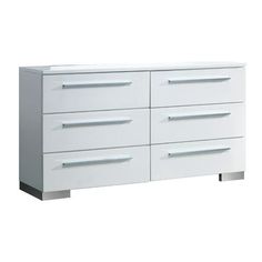 A dresser in minimal style, this six-drawer design in white makes for a smart and practical addition to your home. Place it in the bedroom to mingle with the other furniture pieces and utilize the storage. Its simple design sensibility with clean lines adds a smart touch to any space. It does not include any featured product other than dresser. Dresser Dimensions: 17.75" x 63" x 33.87" Double Closet, Coastal Modern, Wooden Dresser, Drawer Design, Wood Dresser, Chrome Handles, Double Dresser, Bedroom Furniture Dresser, Style Minimaliste