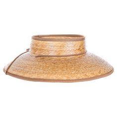 Open crown sun visor hat for men and women. Beautiful tightly braided and glazed palm leaf visor hat. Wide downward brim trimmed with grosgrain ribbon, 4" wide. Palm leaf print fabric underbrim provides excellent sun protection. 2" wide ribbon trim band. Matching chin cord with toggle lock. Elasticized inner band provides comfortably stretch fit. This visor hat blocks harmful UV rays, rated UPF 50+. Unisex, available in two sizes. 100% palm fiber. Handcrafted in Mexico. Upf 50+ Brimmed Visor, Adjustable Straw Panama Visor Hat, Straw Visor Panama Hat, Adjustable Brown Straw Visor Hat, Adjustable Natural Straw Visor Hat, Adjustable Wide Brim Straw Visor, Brown Visor Straw Hat For Summer, Classic Summer Sun Hat With Visor, Natural Color Visor Hat For Travel