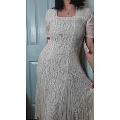 Deadstock With Tags Vintage Off-White Lace Dress, Although New Has A Couple Very Small Spots From Assuming Storage. Brand Is Starina And Size Medium. Beautiful Fit! Fits Me And I'm A Modern 10/12, Measures 17" Chest And 50" Long Beige Lace Dress With Square Neck, White Fitted Empire Waist Dress, Fitted Midi Dress With Lace Trim And Empire Waist, Cream Square Neck Dress With Lace Trim, Cream Lace Dress With Square Neck, Cream Lace Trim Dress With Square Neck, Cream Lace Trim Square Neck Dress, White Fitted Vintage Dress, White Vintage Dress With Square Neck