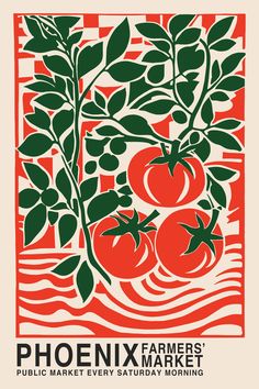 a red and green poster with tomatoes on it