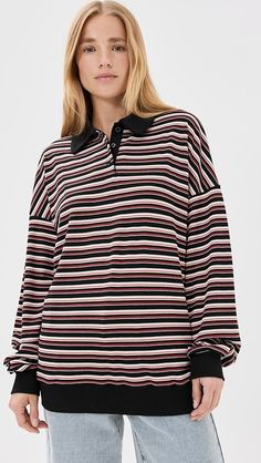 Lioness Rugby Jersey Top | Shopbop Striped Tops With Ribbed Cuffs For Fall, Knit Long Sleeve Tops With Striped Hem, Oversized Top With Striped Hem, Fall Tops With Striped Cuffs And Relaxed Fit, Casual Oversized Top With Striped Cuffs, Striped Tops With Ribbed Collar For Work, Oversized Ribbed Striped Tops, Casual Sweater With Striped Collar For Work, Striped Top With Ribbed Collar For Work