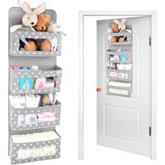 an open door next to a shelf with baby items on it and a stuffed animal