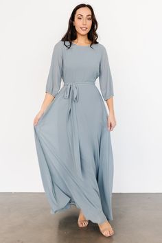 A beautiful and feminine style for any occasion! Rebecca is a beautiful addition to any wardrobe! Dusty Blue Maxi Dresses, Modest Dusty Blue Dress, Dusty Blue Maxi Dress, Winter Bridesmaid Dresses Blue, Blue Long Sleeve Wedding Dress, Modest Blue Dress, Long Modest Dresses, Sea Blue Dress, Modest Bridesmaid Dresses With Sleeves