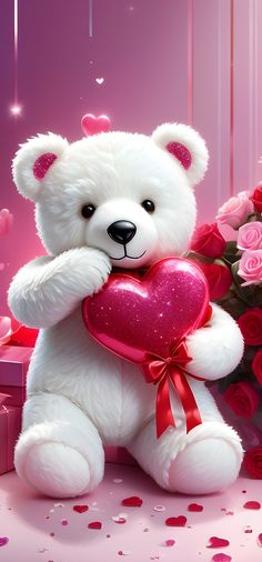 a white teddy bear holding a heart in front of pink roses and confetti