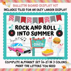 the rock and roll into summer bulletin board is shown with an image of a car