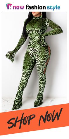 Green Sexy Leopard Hollowed Out Half A Turtleneck Skinny Jumpsuits Green One-piece Club Bodysuit, Fitted Casual Leopard Print Jumpsuit, Leopard Print Bodysuit, Casual Fitted Leopard Print Jumpsuit/romper, Brown Snake Print Ankle-high Boots, Jumpsuit Online, Wholesale Fashion, Two Piece Pant Set, Pants Set