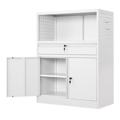 a white cabinet with two doors and shelves