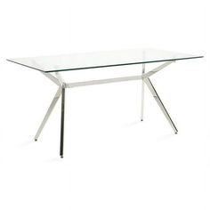 a glass table with metal legs on a white background