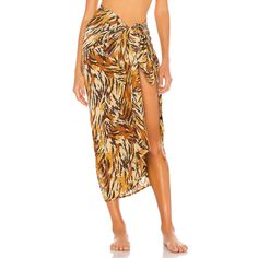 Brown Print Chiffon Beach Wrap Skirt Bohemian Skirt With Tropical Print For Vacation, Summer Beach Maxi Skirt With Split, Vacation Beach Skirt Bottoms, Chic Maxi Skirt For Beach Cover-up, Tropical Flowy Beach Skirt, Bohemian Chiffon Skirt For Beach, Vacation Beachwear Skirt, Bohemian Chiffon Skirt For The Beach, Flowy Split Maxi Skirt For Beach