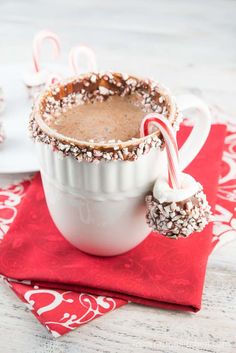 a mug filled with hot chocolate and candy canes