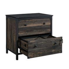 two drawers with one drawer open and the other closed, both made out of wood