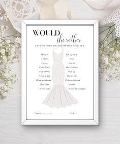 a wedding dress poster with the words would she sell here? on it, next to some flowers