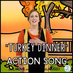 a woman standing in front of a poster with the words turkey dinner action song