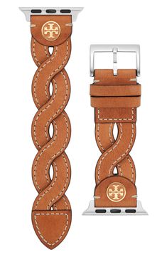 Bring rustic texture to your sleek Apple Watch with this twisted and topstitched leather strap branded by two gleaming enamel medallions. Style Name:Tory Burch Braided Leather Apple Watch Strap. Style Number: 6264357. Tory Burch Watch, Apple Watch Bands Women, Womens Designer Watches, Apple Watch Leather Strap, Apple Watch Bracelets, Leather Apple Watch Band, Womens Luggage, Apple Watch Bands Leather, Apple Watch 38mm