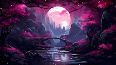 a river with rocks and trees in the background under a pink moonlit sky over water