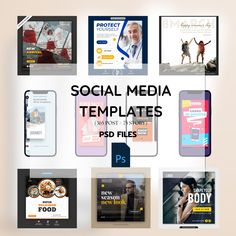 social media templates for photoshopped files are displayed on a white background with multiple images