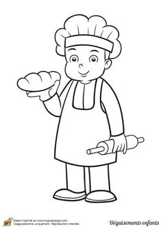 a cartoon character holding bread in one hand and wearing an apron on the other side