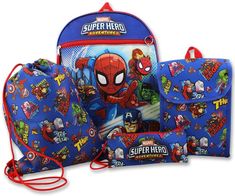 the children's backpack and lunch bag are designed to look like they have spider - man characters on them